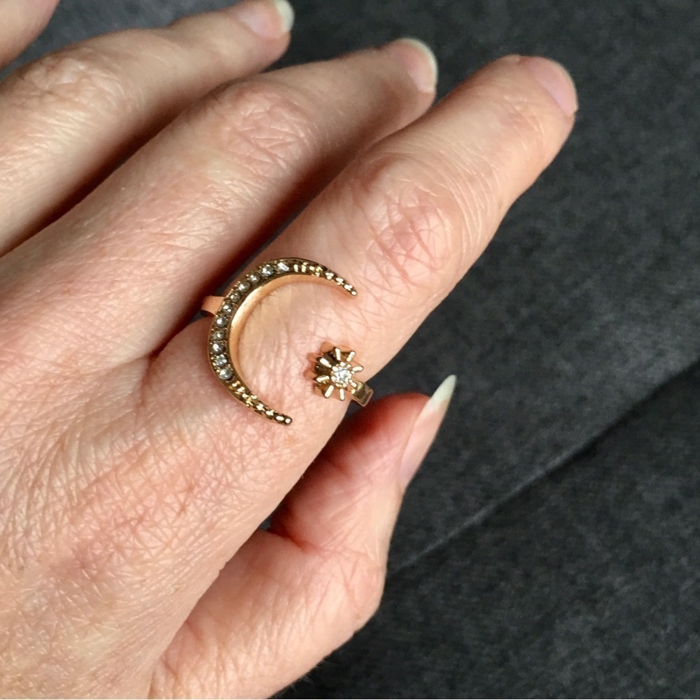 Gold + Rhinestone Moon + Star Cuff Fashion Ring, Size 8